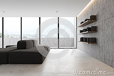 Minimalistic living room with sofa and shelves Stock Photo