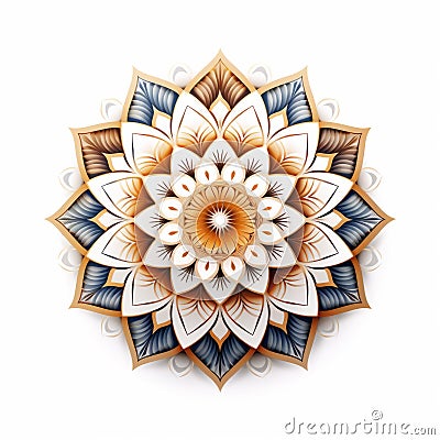 Minimalistic Mandala Flower: White, Blue, And Brown Woodcarving Design Stock Photo