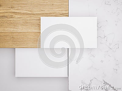 Minimalistic mockup with business cards on wood and warble texture.Creative mockup set. Stock Photo