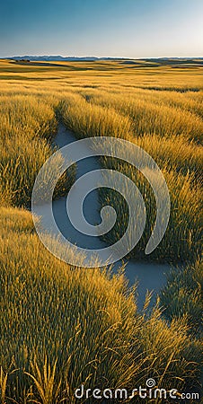 Minimalistic nature scene captured from a distance, located in an open flatland with sparse trees Stock Photo