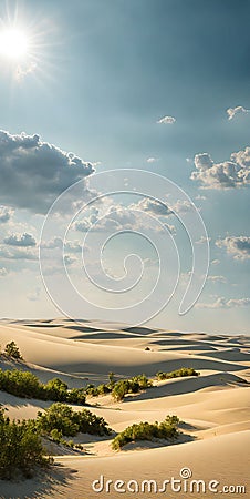 Minimalistic nature scene captured from a distance, located in an open flatland with sparse trees Stock Photo