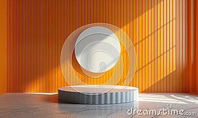 Minimalistic orange background with empty circular stage and geometric patterns Stock Photo