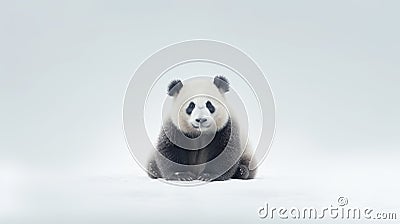 Minimalistic Panda Bear Sitting In Snowy Field Stock Photo