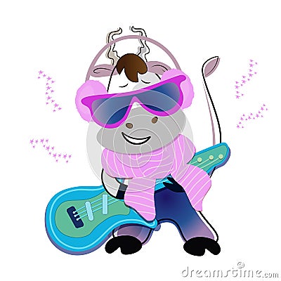 Cute cartoon cool bull in glasses in headphones in a warm scarf plays the guitar. Stock Photo