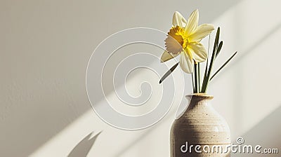 A minimalistic photo of a single daffodil in a vase against a white background Stock Photo