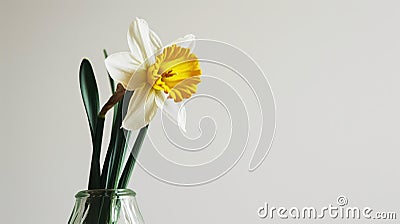 A minimalistic photo of a single daffodil in a vase against a white background Stock Photo