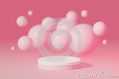 Minimalistic podium with defocused flying pink balls. Geometric background 3d illustration Cartoon Illustration