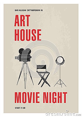 Minimalistic poster template for art house movie night with film camera standing on tripod, studio lamp and director Vector Illustration