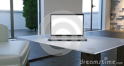 Minimalistic Room With Big Windows And Laptop White Screen On Ta Stock Photo