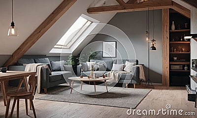 Minimalistic Scandinavian design of a cozy home. Bright interior with wood elements Cartoon Illustration