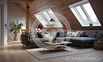 Minimalistic Scandinavian design of a cozy home. Bright interior with wood elements Cartoon Illustration