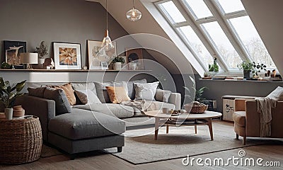 Minimalistic Scandinavian design of a cozy home. Bright interior with wood elements Cartoon Illustration