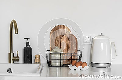 Minimalistic Scandinavian style kitchen interior in bright colors Stock Photo