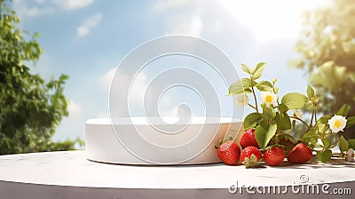 A minimalistic scene of marble white and gold podium display with natural strawberry garden frui Stock Photo