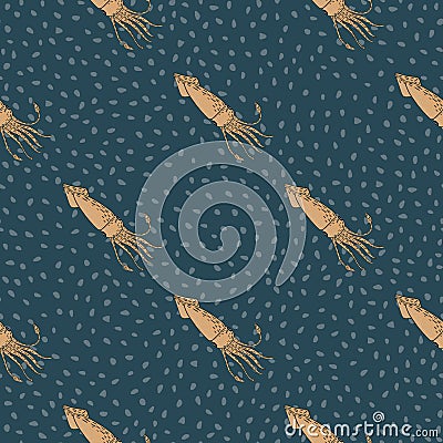 Minimalistic seamless ocean pattern with beige squid doodle silhouettes. Turquoise dotted background Cartoon Illustration