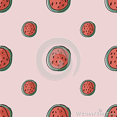 Minimalistic seamless pattern with doodle red watermelon half shapes. Lilac light background. Simple print Vector Illustration