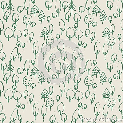 Minimalistic seamless pattern with hand drawn trees. Stylish modern pattern with doodled tree. Outlined sketchy Vector Illustration