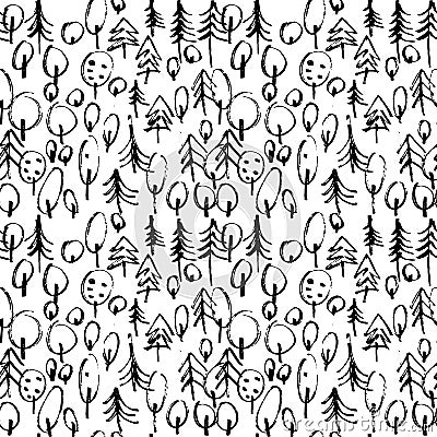 Minimalistic seamless pattern with hand drawn trees. Stylish modern pattern with doodled tree. Outlined sketchy Vector Illustration