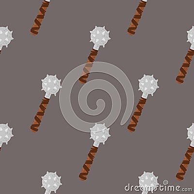 Minimalistic seamless pattern with warrior flail mace ornament. Grey background. Middle ages war weapon backdrop Cartoon Illustration