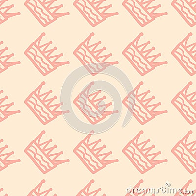 Minimalistic simple seamless pattern with pink crown silhouettes. Light background Cartoon Illustration