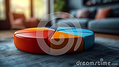 A minimalistic sleek pie chart floating in a sleek virtual environment. The chart is divided into seven equal slices Stock Photo