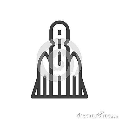 Minimalistic spaceship icon. A simple linear image of a rocket for placing equipment in near-earth orbit. Isolated Vector Illustration