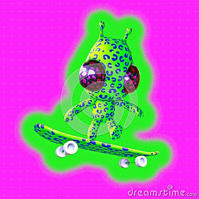 Minimalistic stylized collage art. 3d render Funny aliens skateboard man. Youth, teens culture concept Stock Photo