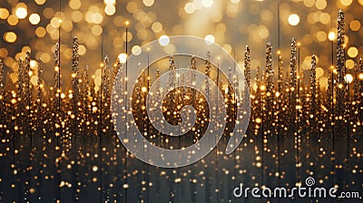 Minimalistic textured Christmas background, garland bokeh and copy space for text. New Year's card. Golden and dark Stock Photo