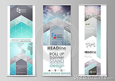 The minimalistic vector illustration of editable layout of roll up banner stands, vertical flyers, flags design business Vector Illustration