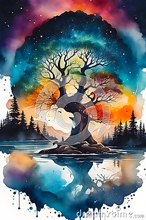 minimalistic water colored ink splash scenery of forest river tree animals centered symmetry generated by ai Stock Photo