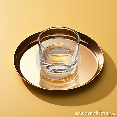 Minimalistic Water Glass On Gold Tray: Ray Tracing With Kodak Gold Aesthetics Stock Photo