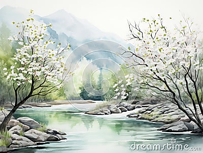 Minimalistic Watercolor Illustration of a Mountain Dogwood Flowering over the Merced River in Yosemite, CA AI Generated Cartoon Illustration