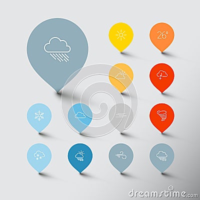 Minimalistic weather thin line pointer icon set Vector Illustration