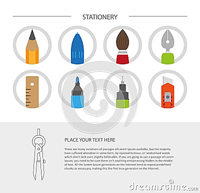 Minimalistic web page template with colorful stationary icons Vector Illustration