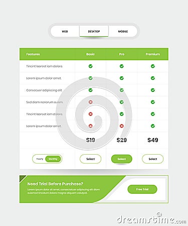 Minimalistic web subscription pricing comparison table interface design Vector Illustration