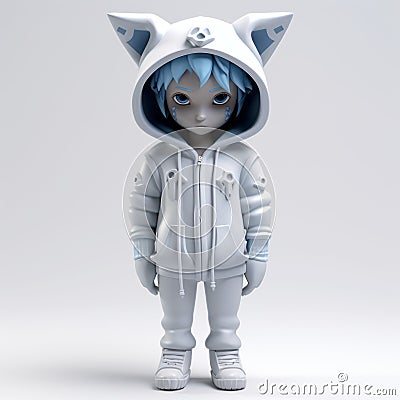 Minimalistic White Blue Haired Hoodie Figure With Manga Style Stock Photo