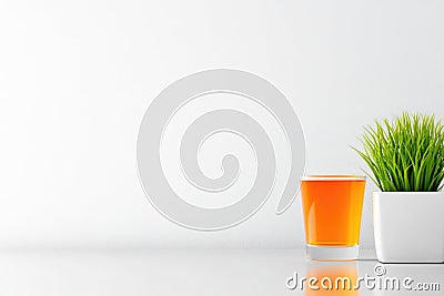 Minimalistic white interior with green plant and orange juice for fresh modern decor Stock Photo