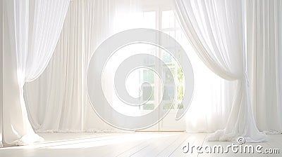 Minimalistic White Interior with Sunny Window and Curtains Stock Photo