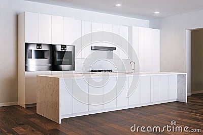 Minimalistic white kitchen in new room Stock Photo