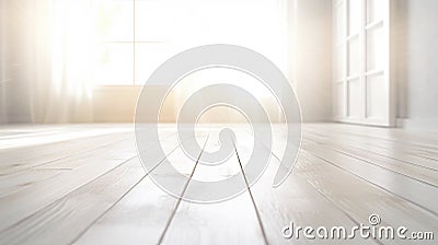 Minimalistic White Wooden Floor, Blurred Sunny Window Stock Photo