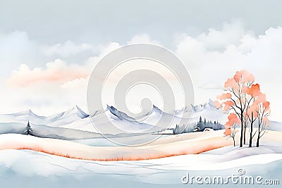 Minimalistic winter panoramic landscape with copy space, watercolor style Stock Photo