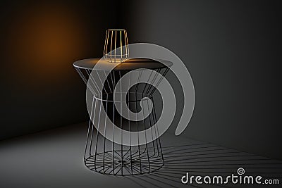 Minimalistic wire table against empty wall. Generative AI Stock Photo