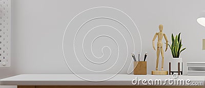 Minimalistic working space with bright decor interior, white wall, copy space on table Cartoon Illustration