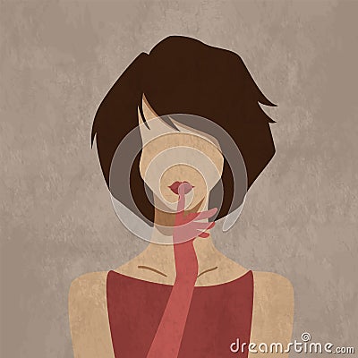 Minimalistic young girl demonstrates silence sign. Keeping secrets concept Vector Illustration