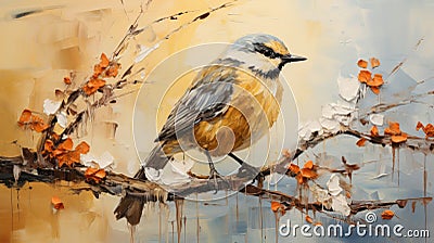 Minimalistic Zen Painting Of Bird On Branch In Spring Stock Photo