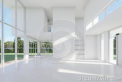 Mininal style white high empty room with garden view 3d render Stock Photo