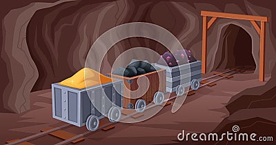 Mining background. Natural stones diamonds and mining resources in trolley cart exact vector colored template Vector Illustration