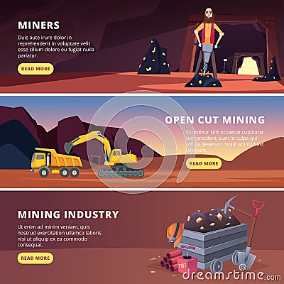 Mining banners. Natural resource production industry workers in helmet mining treasures exact vector flat banners with Vector Illustration