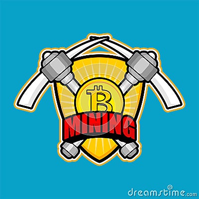 Mining Bitcoin emblem. Pick Cryptocurrency sign. Extraction of C Vector Illustration