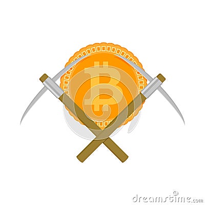 Mining bitcoin and pickaxe Vector Illustration